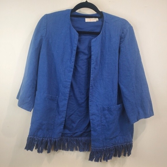 Tory Burch Emily Fringe Trim Linen Jacket Blue size 6 - Picture 2 of 6